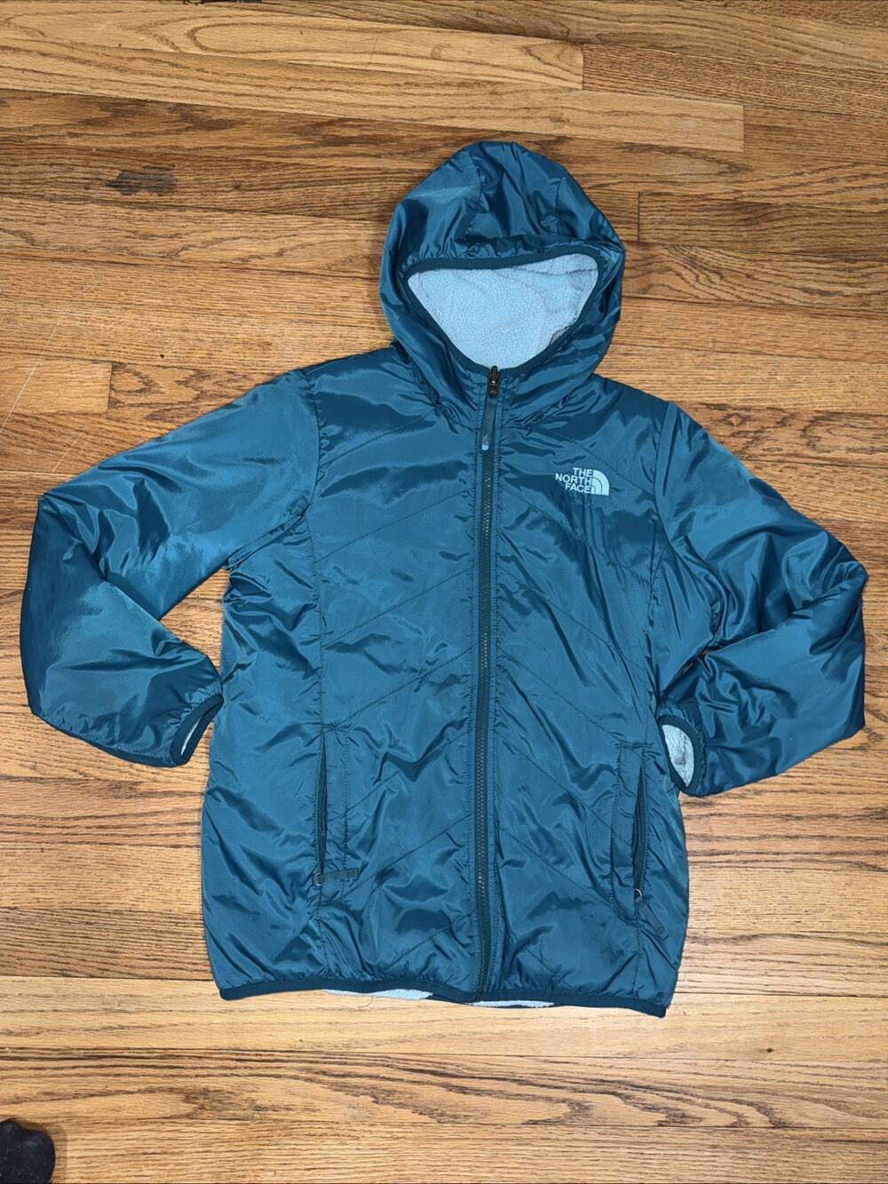 The North Face Girls Reversible Hooded Puffer Jacket Coat Large 14-16 Blue Green